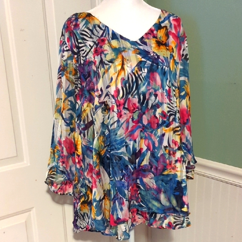 Roz & Ali 2X Tropical Floral Top Lightweight Summer Vacation Wedding 2 layers